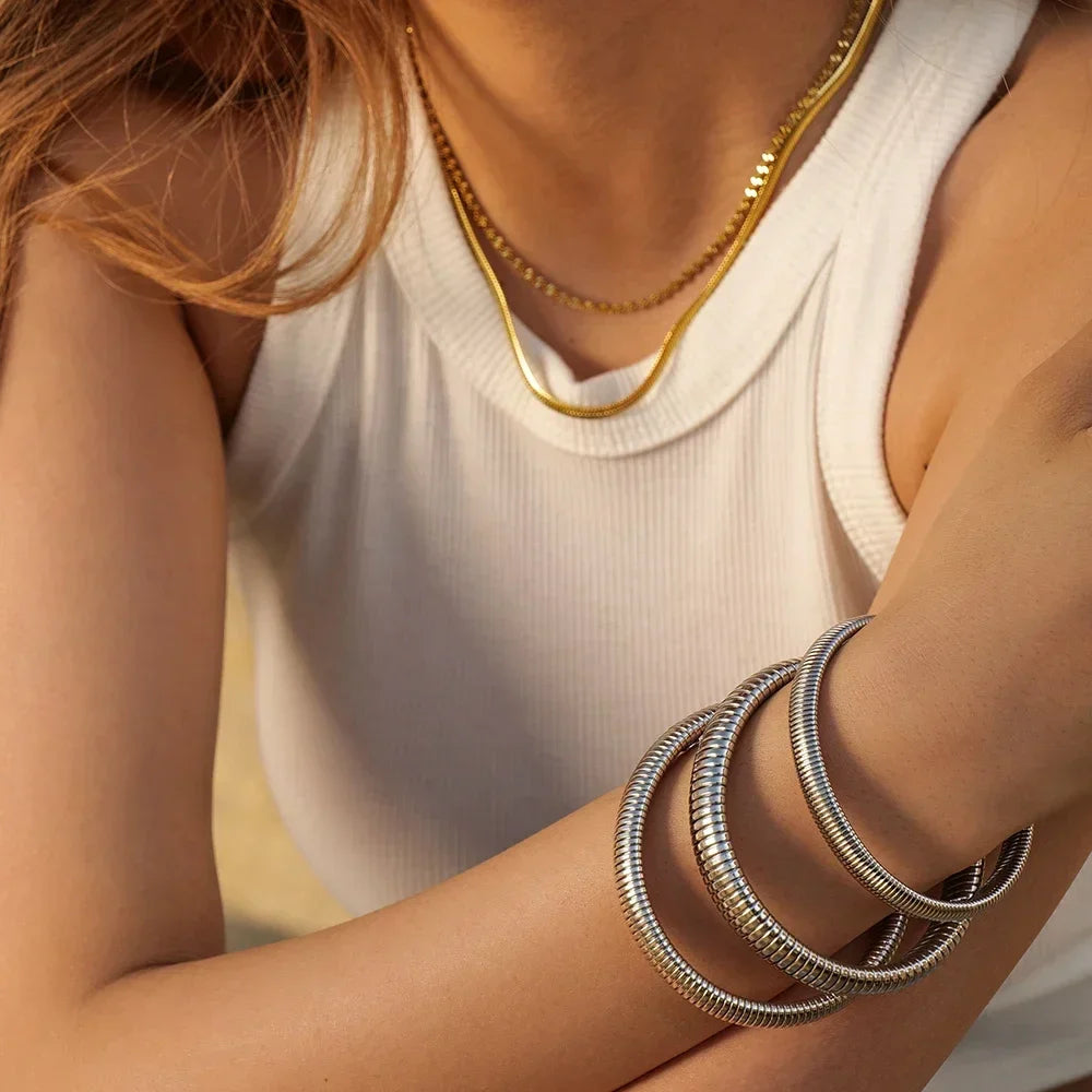 Stainless Steel Flex Snake Chain Cuff Bracelet – 18k Gold Plated Wide Bangle Fashion Jewelry for Women Gifts