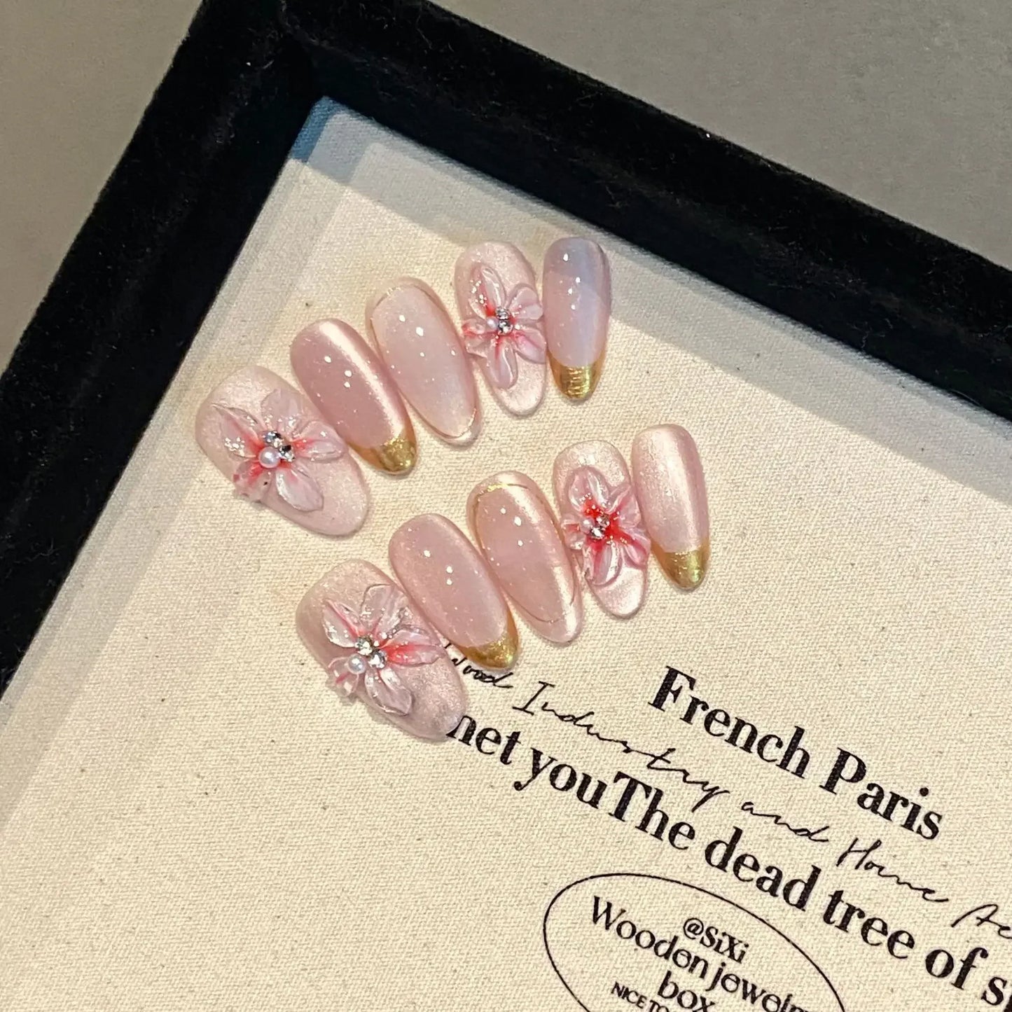 10 Pcs Short Handmade Pink Press-On Nails – Spring French Rhinestone Plaid Full Cover Fake Nail Tips