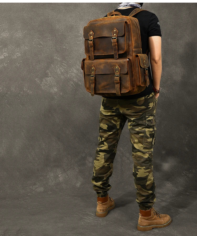 Vintage Crazy Horse Leather Backpack for Men — 17" Laptop Travel Rucksack Cowhide Hiking Bag M815