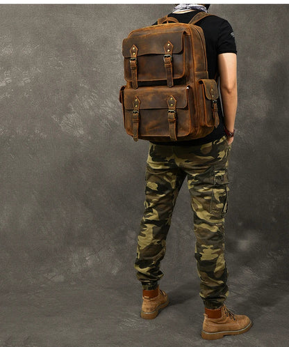 Vintage Crazy Horse Leather Backpack for Men — 17" Laptop Travel Rucksack Cowhide Hiking Bag M815