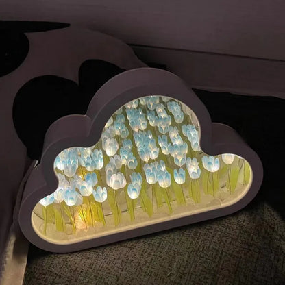 DIY Cloud Tulip LED Night Light - Creative Photo Frame Mirror Table Lamp for Girl's Bedroom, Handmade Bedside Ornament, Perfect Birthday Gift