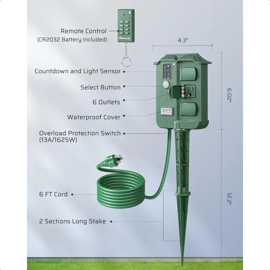 Outdoor Waterproof Power Stake Timer — 6-Grounded Outlets with 100FT Cord, Remote & Dusk-to-Dawn Photocell