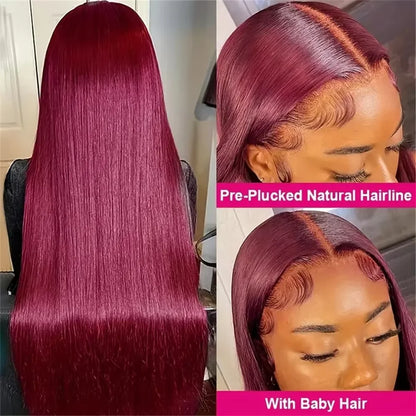 Burgundy 13x6 Lace Front Human Hair Wig - 99J Straight HD Lace Frontal High Density 200% Natural Look Wig for Women