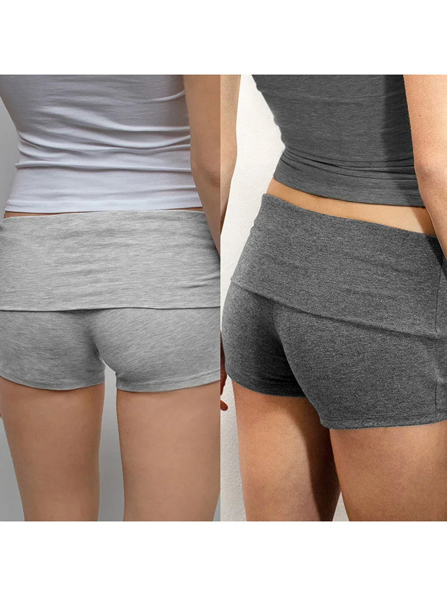 Summer Women’s Slim Solid Color Yoga Shorts — Casual Fold-Over Low Waist Lounge Shorts