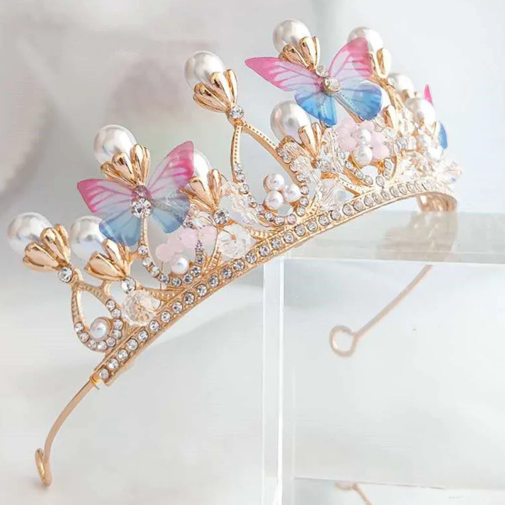 Model Catwalk Princess Crown - Handmade Butterfly Pearl Headband Tiara for Girls