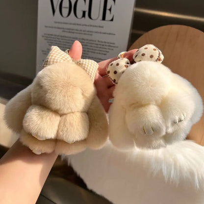 Cute Fluffy Bunny Fur Keychain – Plush Pom Pom Bag Charm and Car Key Ring with Hair Bow