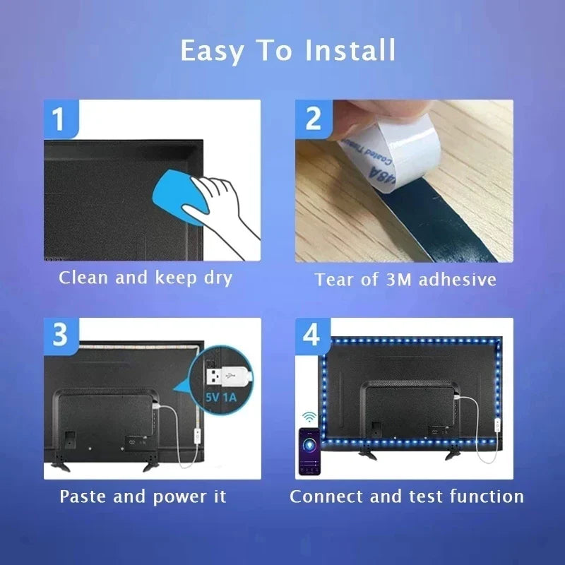 USB LED Strip Lights – Bluetooth-Controlled SMD 5050 RGB Tape, Flexible Self-Adhesive TV Backlight
