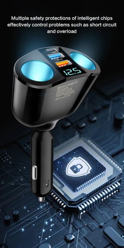 Dual-Port Car Charger Adapter – Digital Display, Simultaneous Charging for Multiple Devices