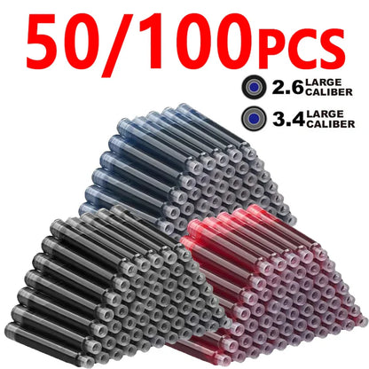 50/100pcs Fountain Pen Ink Cartridges – Black, Blue & Red Refill Set (2.6/3.4mm Bore) High-Quality