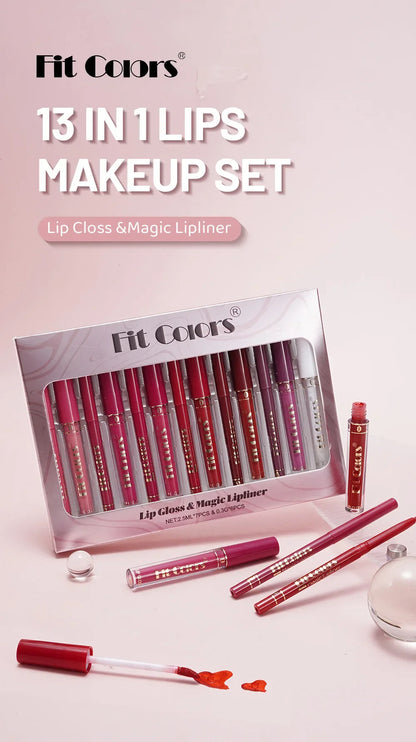 Fit Colors 13pcs Matte Lip Liner Pencil Set – Waterproof, Non-Stick, Long-Lasting Lip Pencil with Case and Hook