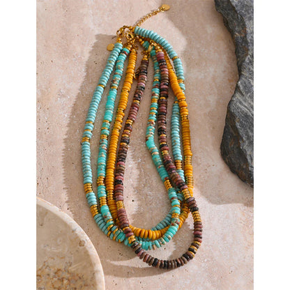 Yhpup Colorful Natural Stone Bead Necklace – Handmade Y2K Stainless Steel Waterproof Chain Jewelry for Women