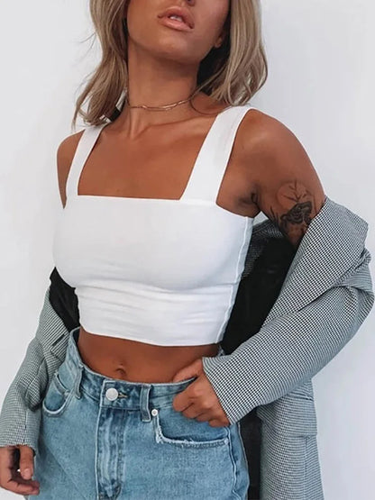 Square Neck Sleeveless Crop Top – Women’s Summer Casual Off Shoulder Cami T-Shirt, Sexy Backless Slim Fit Tank Top (Black & White)