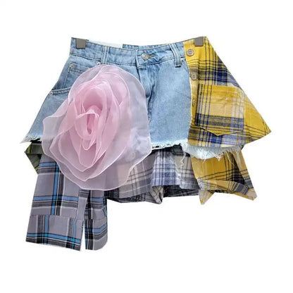 DEAT Women’s Denim Mini Skirt — Colored Plaid Patchwork Irregular A-Line, High Waist Summer 2025 Fashion Skirt