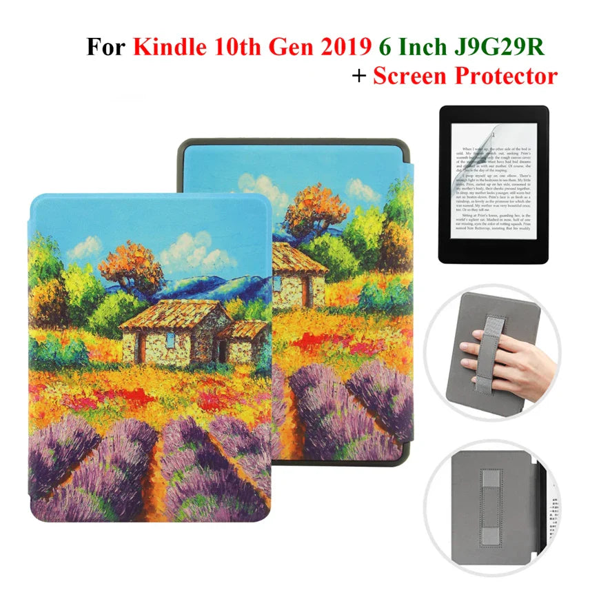 Kindle 10th Gen 6" Leather Case – Hand Strap & Screen Protector Cover with Wake/Sleep Function (2019, J9G29R)