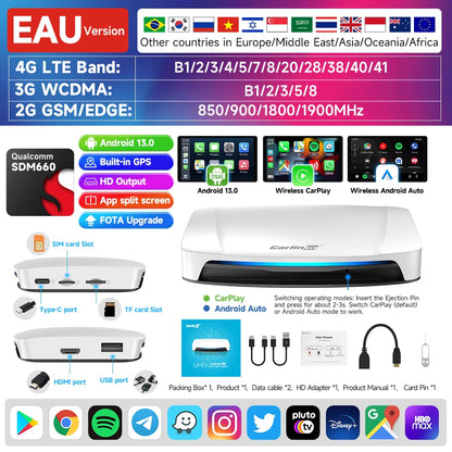 8+128GB Carlinkit TV Box — Android 13 Wireless CarPlay & Android Auto Adapter, 8-Core Qualcomm, HDMI