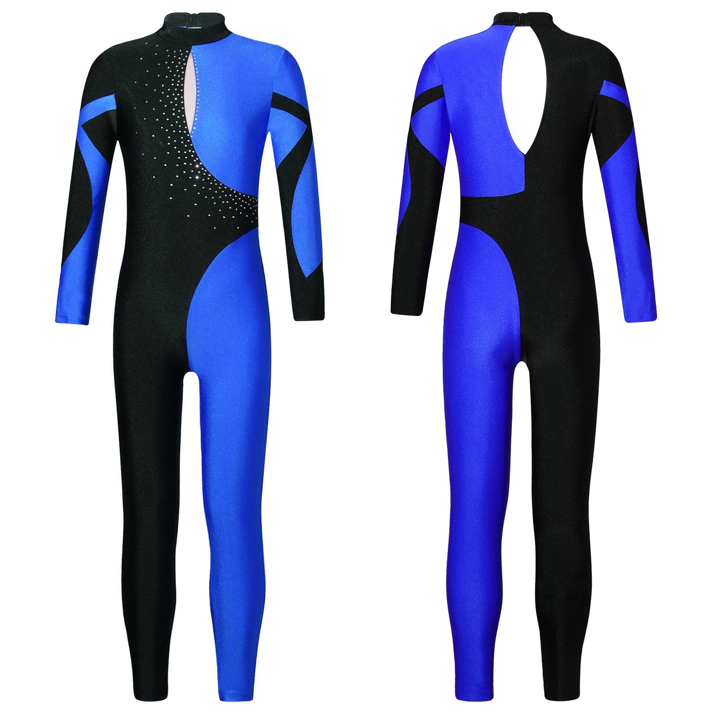 Kids Girls Long Sleeve Rhinestone Bodysuit — Full Body Dancewear Gymnastics Leotard Skating Jumpsuit