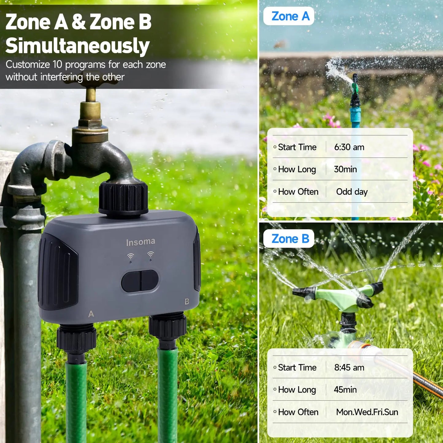 Insoma Automatic Water Timer with WiFi Hub – 2-Outlet Garden Irrigation Sprinkler System, Alexa Compatible