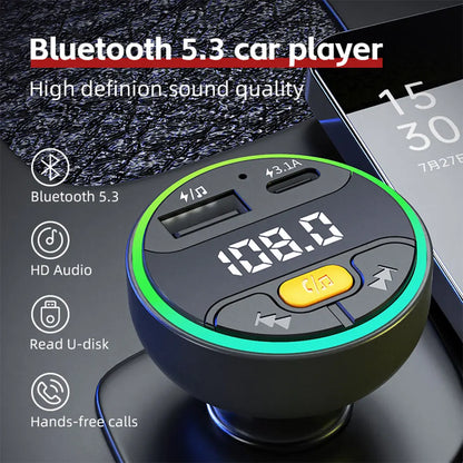 Bluetooth 5.3 Car FM Transmitter – Handsfree Wireless Audio Adapter with USB-C Fast Charging, MP3 Player & Auto Radio Modulator Car Kit for All Vehicles