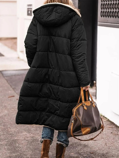 Women's Winter Hooded Quilted Jacket – Reversible Solid Puffer Coat, Thick Long Sleeve Casual Outerwear