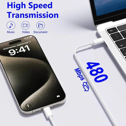 PD 60W USB-C to USB-C Fast Charging Cable – 2M Power Delivery Cord for iPhone 6-16 Series, iPad & USB-A Devices