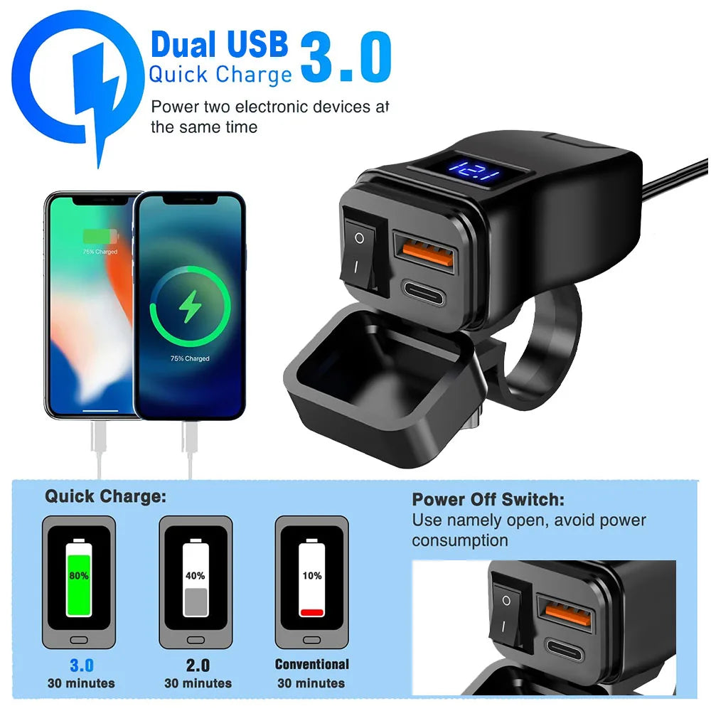 PD QC3.0 Motorcycle USB Fast Charger — 60W Dual USB Handlebar Socket with Switch & Voltmeter, Waterproof 12V Power Adapter