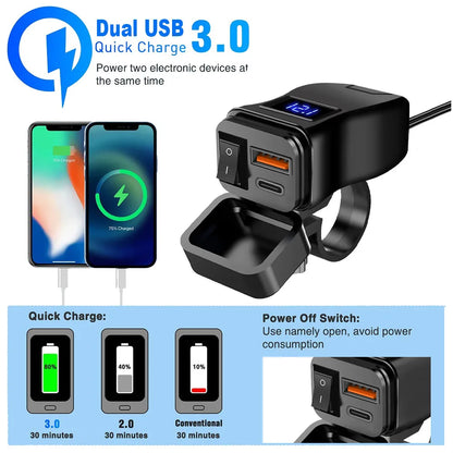 PD QC3.0 Motorcycle USB Fast Charger — 60W Dual USB Handlebar Socket with Switch & Voltmeter, Waterproof 12V Power Adapter