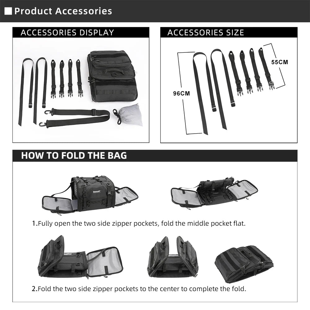 Rhinowalk Waterproof Motorcycle Travel Luggage Bag – 19L–80L Expandable Rear Tail/Trunk Rack Bag for Most Motorcycles