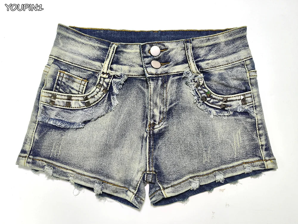 Sexy Low Rise Denim Shorts – Women’s Slim Skinny Rivet Vintage Blue Y2K Jeans for Summer
