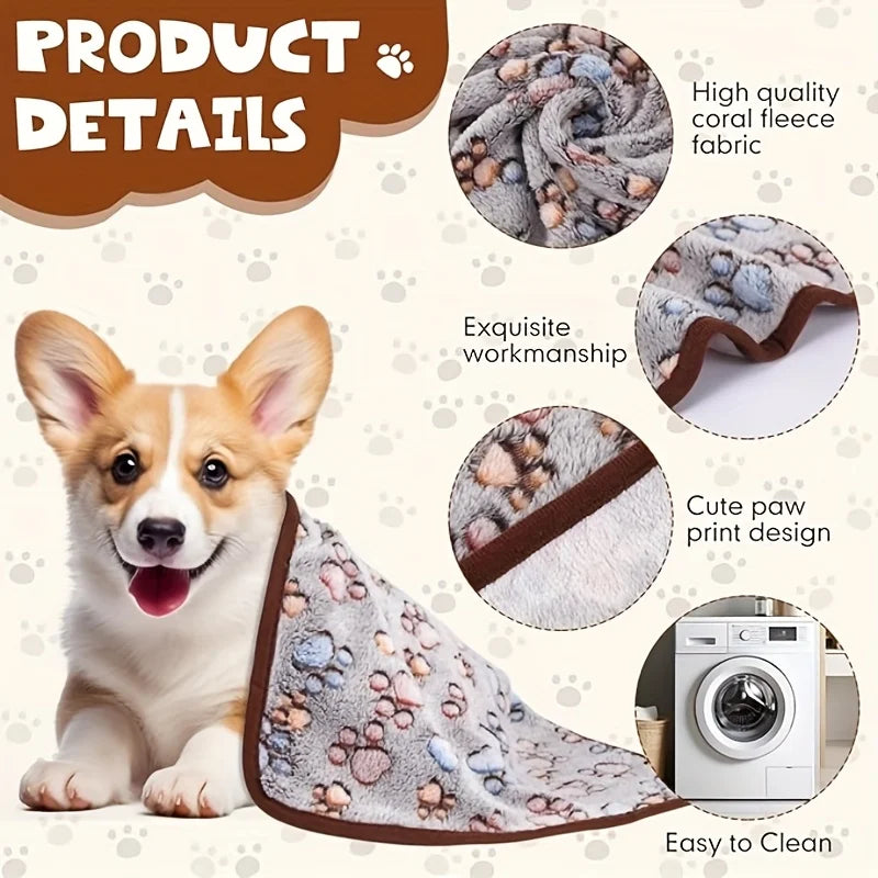 Flannel Pet Blanket - Cute Paw Print Mat for Warm Comfortable Dog & Cat Puppy Kitten Bedding