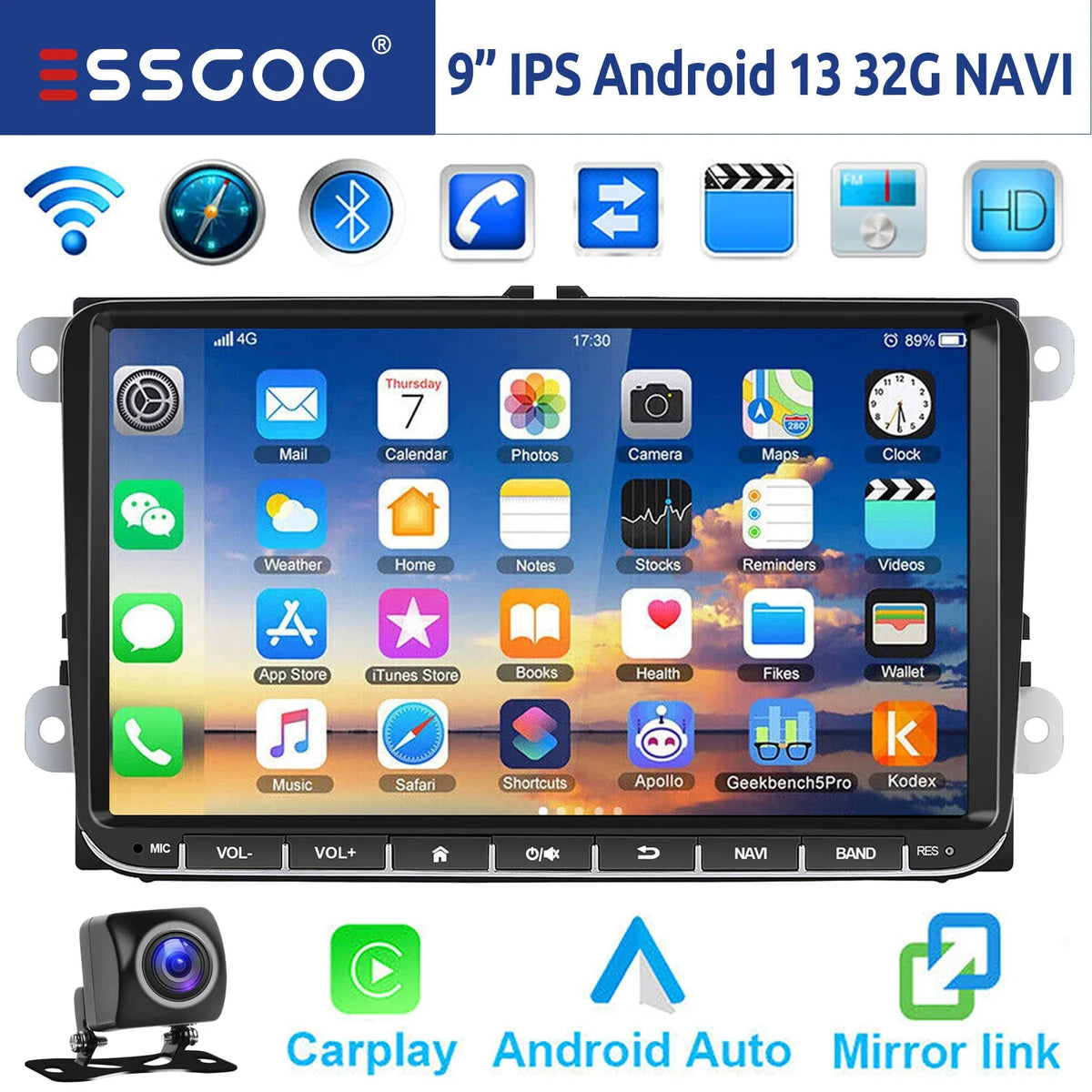 9" Android 15 Car Stereo - 6GB+128GB Wireless CarPlay GPS WiFi Bluetooth FM for VW