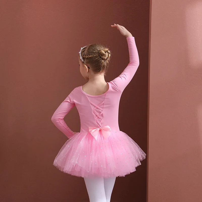 Girls Ballet Tutu Dress — Kids Short & Long Sleeve Tulle Leotard with Bowknot for Dance, Gymnastics & Party
