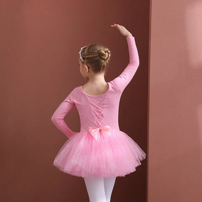 Girls Ballet Tutu Dress — Kids Short & Long Sleeve Tulle Leotard with Bowknot for Dance, Gymnastics & Party