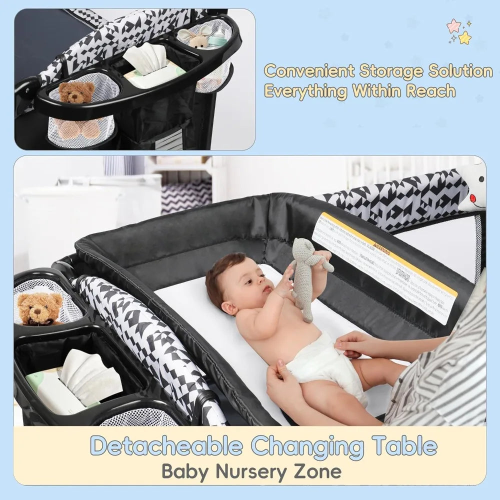 5-in-1 Portable Pack and Play Bassinet — Bedside Sleeper with Diaper Changer, Storage Bag & Music Box