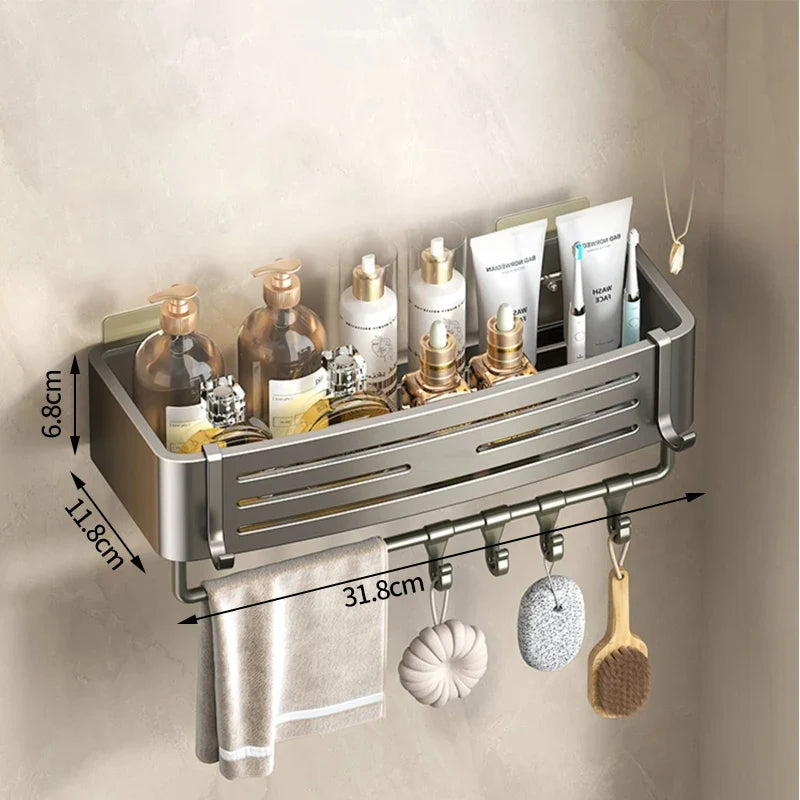 No Drill Wall Mounted Bathroom Shelf - Aluminum Alloy Shampoo and Makeup Storage Holder, Kitchen Organizer and Bathroom Accessories