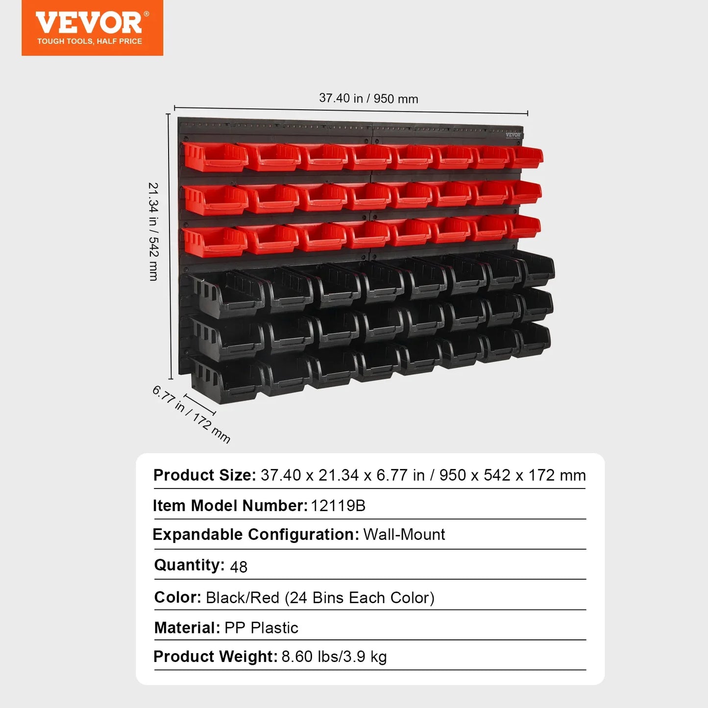 VEVOR Wall-Mounted Storage Bins — 30/48-Bin Garage Organizer with Hooks