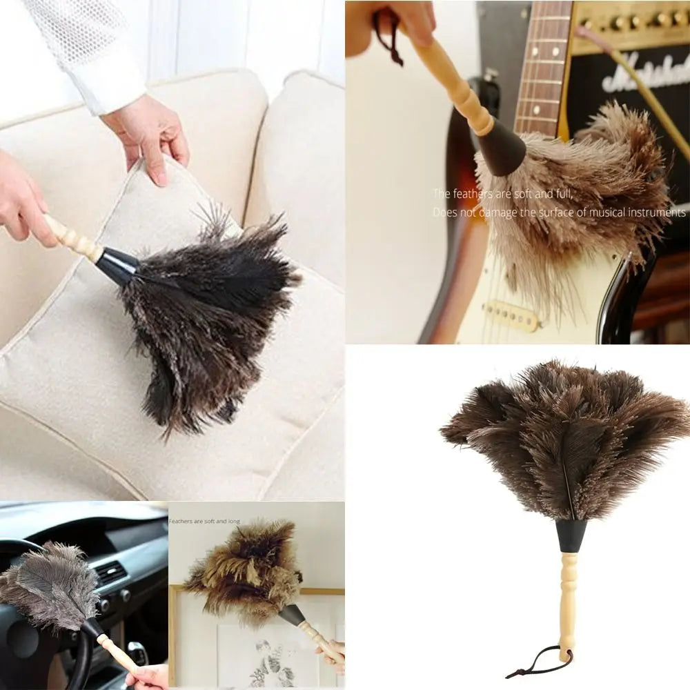 Ostrich Feather Dusting Brush – Wooden Handle Anti-Static Household & Car Cleaning Duster Tool
