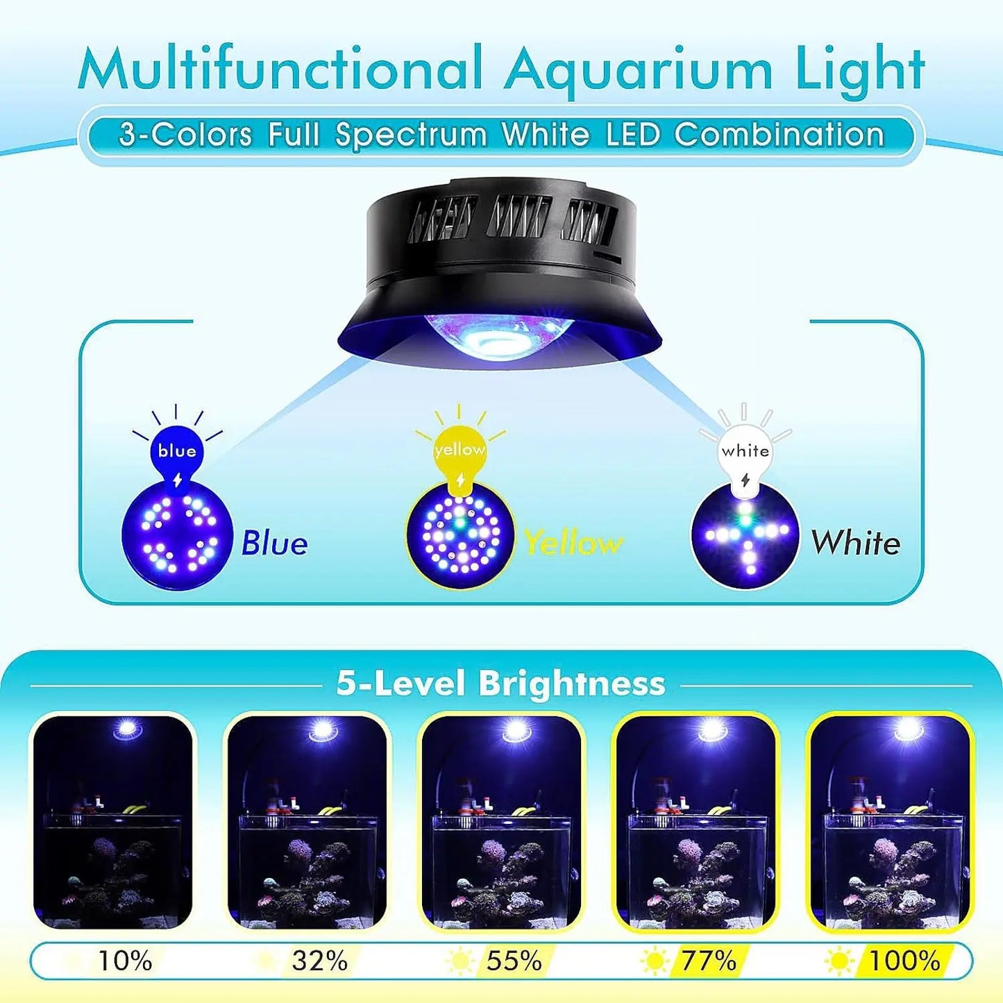 30W Aquarium LED Reef Light – Dimmable Full Spectrum for Marine Fish Tanks, Saltwater Nano LPS SPS Lighting