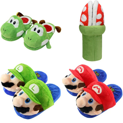 Kawaii Mario & Luigi Piranha Plant Plush Slippers — Cute Green Yoshi Anime Soft Stuffed Dolls, Birthday Gift