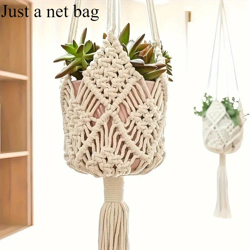 Boho Macrame Plant Hanger – Cotton Rope Woven Basket with Net Pouch for Indoor & Outdoor Hanging Succulents