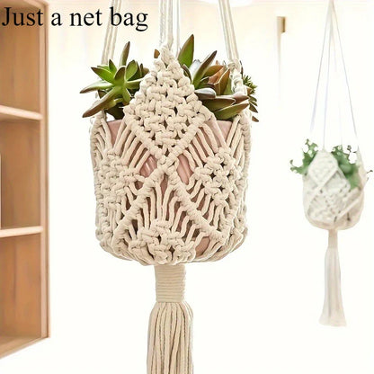 Boho Macrame Plant Hanger – Cotton Rope Woven Basket with Net Pouch for Indoor & Outdoor Hanging Succulents