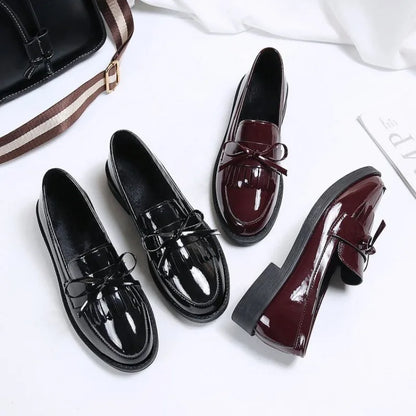 Women’s Patent Leather Loafers – British Style Tassel Bowknot Flat Shoes, Comfortable Casual Small Leather Shoes for Women Zapatos