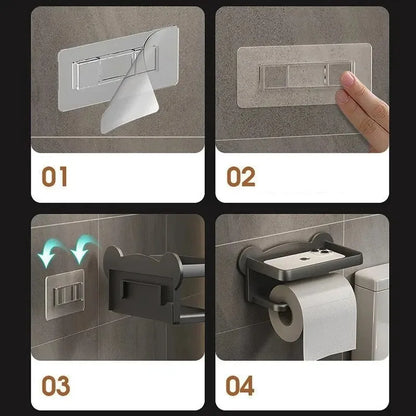 Punch-Free Wall Mounted Tissue Storage Rack - Multi-Functional Paper Roll Holder with Phone Shelf for Restroom and Toilet