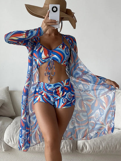 3-Piece Sexy Print Bikini Set - High Waist Swimsuit with Kimono Cover-Up Summer Beachwear