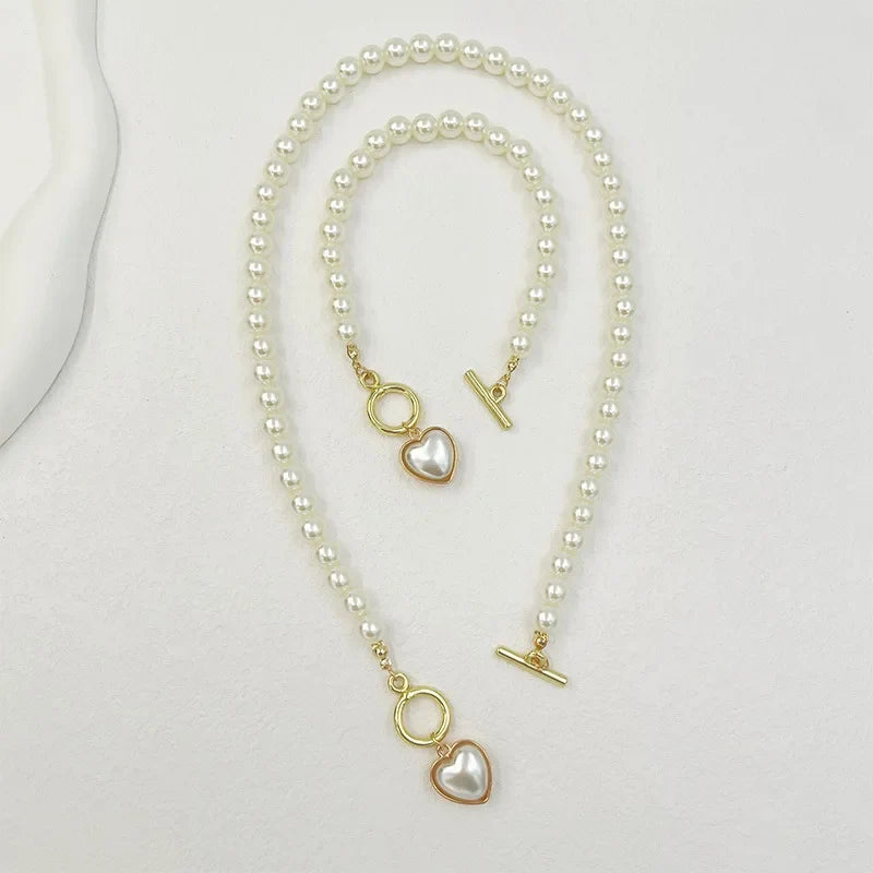 Pearl Heart Jewelry Set for Women - 2-Piece Necklace & Bracelet Imitation Pearl Chain Set