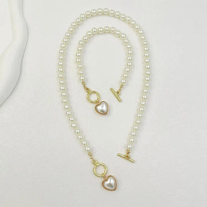 Pearl Heart Jewelry Set for Women - 2-Piece Necklace & Bracelet Imitation Pearl Chain Set