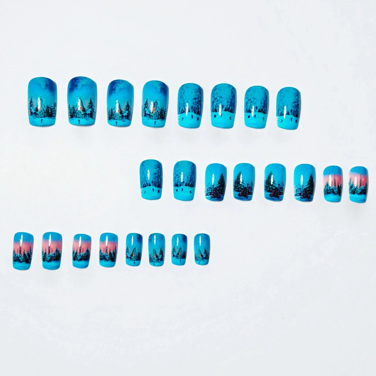 Medium Long Christmas Fake Nails – Square & Almond Tips with Tree, Snowflake & Snowman Designs