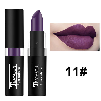 12 Color Waterproof Lipstick – Long-Lasting Matte Lip Gloss in Black, Blue, Purple, Green & Red