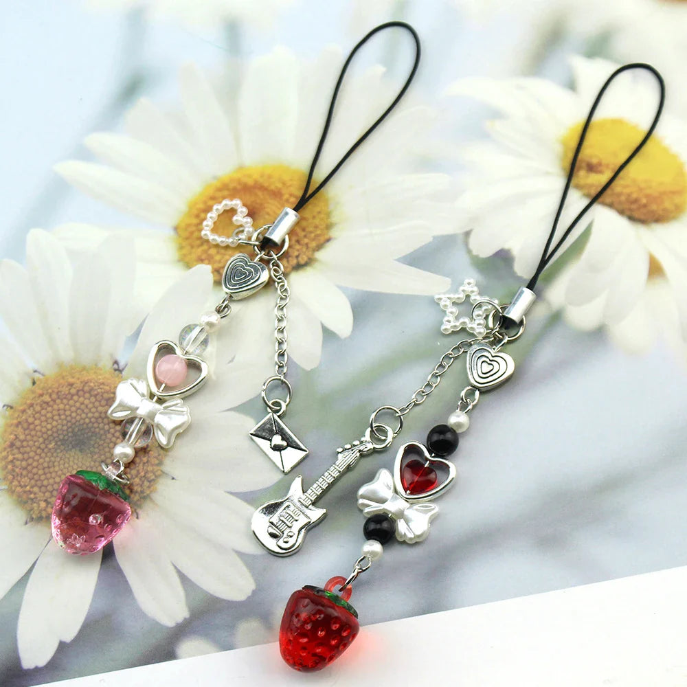 Ai Yazawa Nana Anime Heart & Strawberry Phone Charm Keychain – Y2K Handmade Jewelry