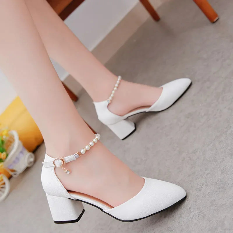 Women’s Elegant White Pearl Buckle Pumps — Square Heel Office & Leisure Shoes