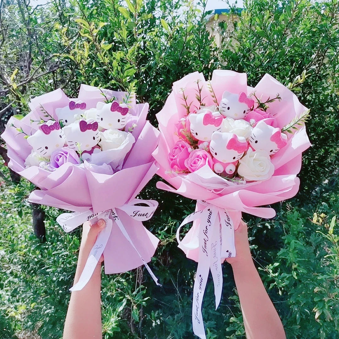 Hello Kitty Plush Bouquet — Anime Rose Soap Flowers for Wedding & Home Decor